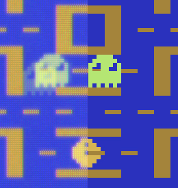 Abb. 4.3: berechnete Noise-, Scan-Line-, After-Image- und Color-Bleed-Filtereffekte des Spiels Pac-Man im Atari-Emulator (linke Hälfte) gegenüber der Darstellung ohne Skeuomorphismen (rechte Hälfte)